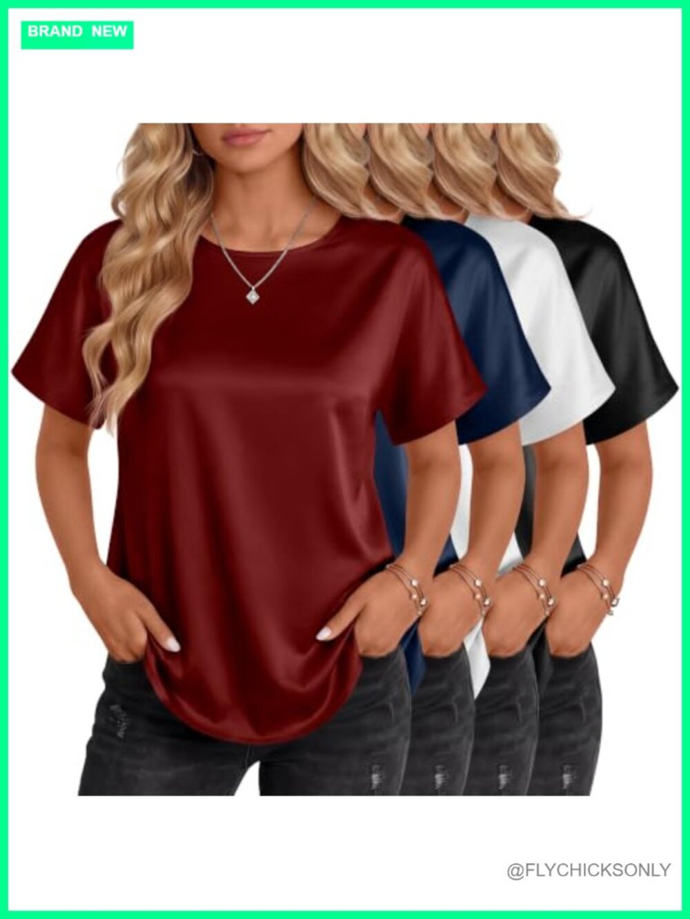 4 Pack Women's Satin Short Sleeve Crew Neck Blouses Relaxed Fit